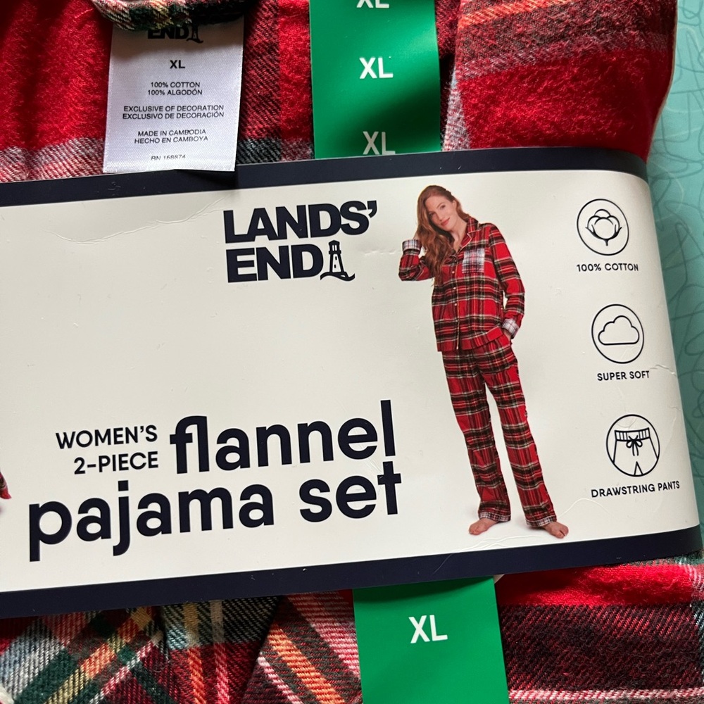 Lands' End Women's Red Plaid Flannel Pajama Set XL